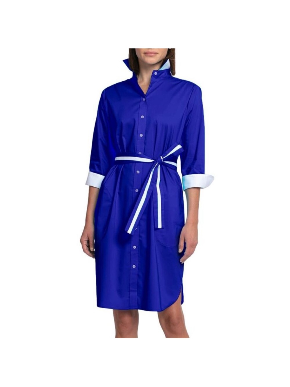 HINSON WU Kathleen 3/4 sleeve stretch cotton poplin dress in marine blue Size XL
